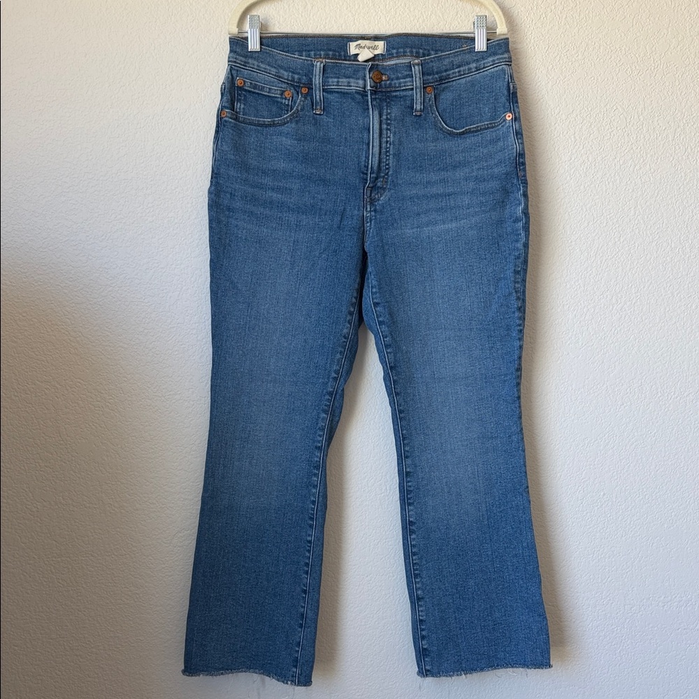 Madewell Kick Out Crop Jeans Mid Rise Flare Raw Hem Blue 30 Cotton